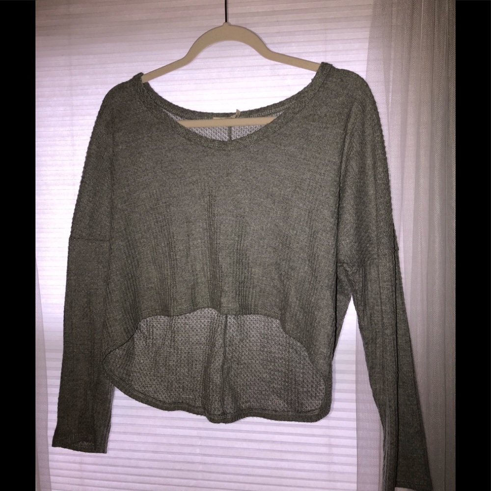 Waffle Knit Cropped Wide V Neck Long Sleeve